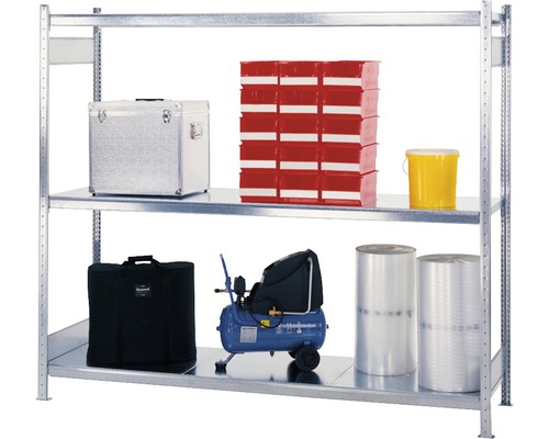 Stellingkast met opbergdozen, gereedschapskist, compressor en andere apparatuur