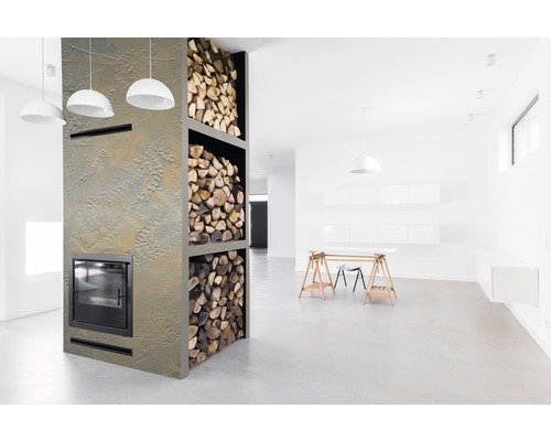 Moderne woonkamer met open haard en houtopslag