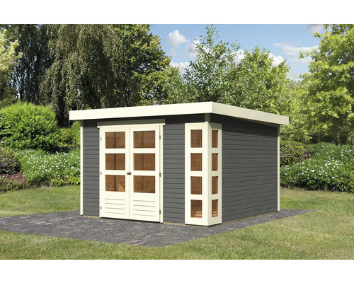 Tuinhuis met dubbele deur en raam in een tuin