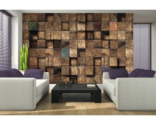 Woonkamer met fotobehang in houten blokken look