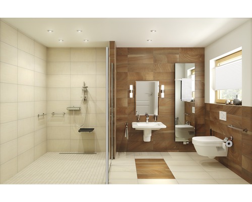 Toegankelijke badkamer met douche, wastafel en toilet