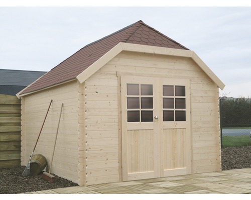 Houten tuinhuis met dubbele deur en dak met shingles