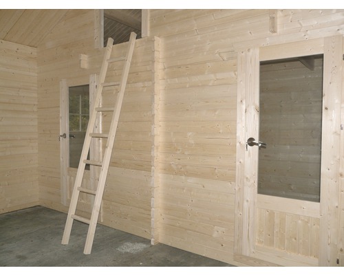 Interieur van een houten huis met deur, raam en ladder