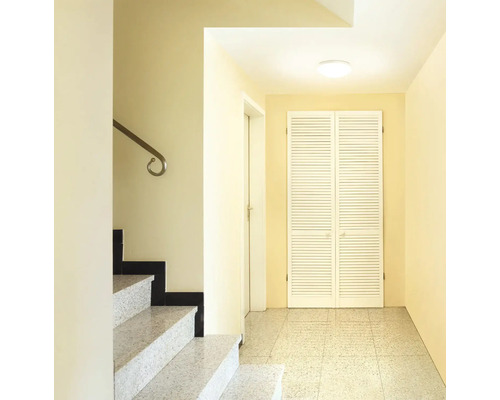 Lichte hal met trap, garderobekast en plafondlamp