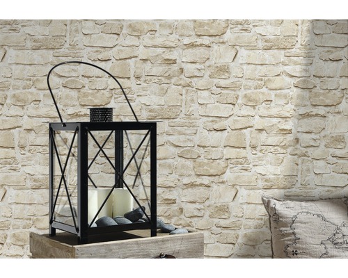 Fotobehang met steenmuurlook en zwarte lantaarn