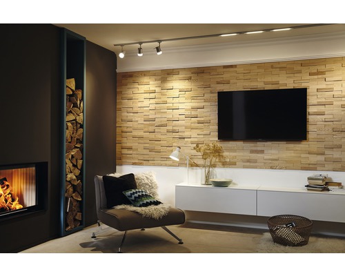 Woonkamer met open haard, houtopslag, fauteuil, tv-wand en plafondlamp