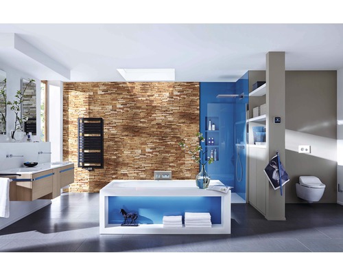 Lichte badkamer met douche, wastafel, ligbad en toilet.