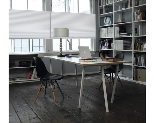 Werkkamer met bureau, stoelen, boekenkast en plisségordijn voor het raam