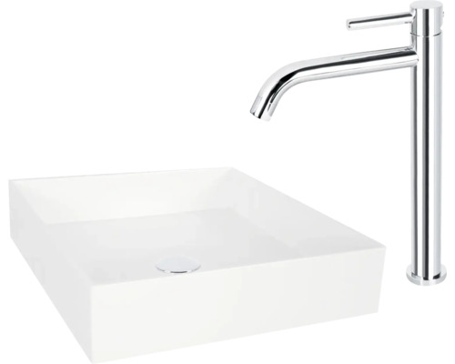 Vierkante waskom van keramiek met kraan