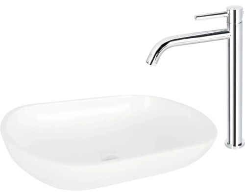 Wastafel van keramiek met hoge kraan