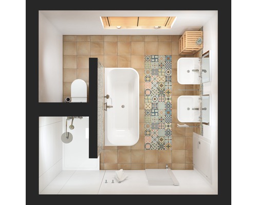 Vogelperspectief van een badkamer met ligbad, douche, toilet en wastafels