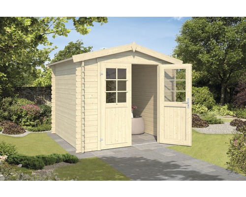 Houten tuinhuis met dubbele deur en ramen in de tuin