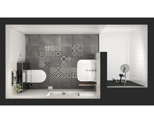 Bovenaanzicht van een badkamer met toilet, wastafel en douche naast een fitnessruimte met halterbank.