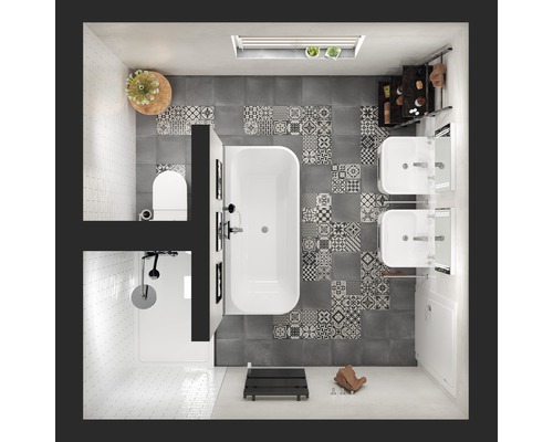 Bovenaanzicht van een badkamer met bad, douche, wastafel en toilet