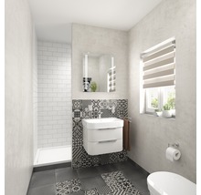Moderne badkamer met wastafel, spiegelkast, douche en tegelpatronen