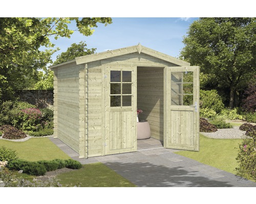 Houten tuinhuis met dubbele deur en ramen in de tuin