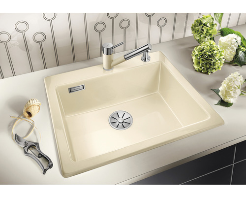 Spoelbak met kraan en bloemen op een aanrecht