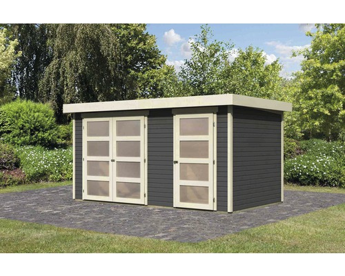 Tuinhuis met dubbele deur en enkele deur in de tuin