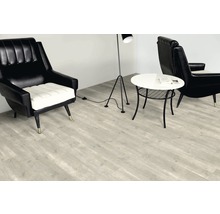 Woonkamer met lichte laminaatvloer, fauteuils, tafel en staande lamp