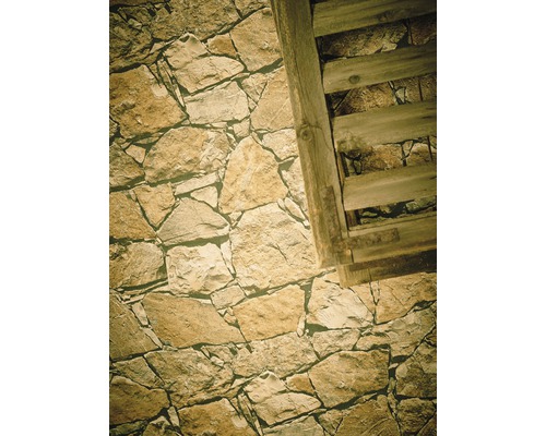 Detailaanzicht van een natuurstenen muur met houten frame