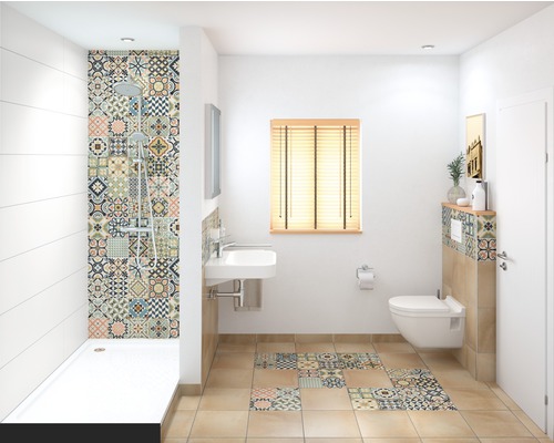 Badkamer met douche, wastafel en toilet en patroontegels