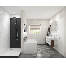 Lichte badkamer met douche, ligbad, wastafel en raam voor een moderne inrichting.