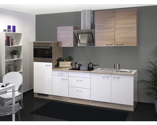 FLEX WELL Keukenblok met apparatuur Samoa wit en sonoma eiken mat 270x60 cm Keuken met spoelbak, kookplaat, afzuigkap en bovenkasten tegen een grijze wand