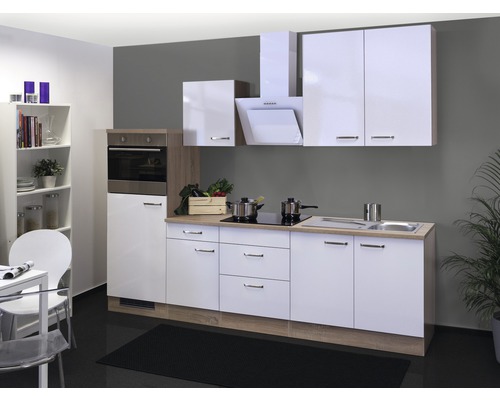 FLEX WELL Keukenblok met apparatuur Valero wit hoogglans 270x60 cm Moderne keuken met witte hoogglans fronten en houten decor elementen