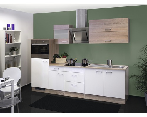 FLEX WELL Keukenblok met apparatuur Samoa wit en sonoma eiken mat 270x60 cm Complete keuken met spoelbak, kookplaat, oven en hangkasten in een moderne ruimte.