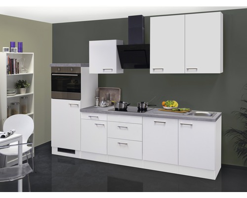 FLEX WELL Keukenblok met apparatuur Varo wit mat 280x60 cm Keukenblok met spoelbak, kookplaat, afzuigkap en inbouwoven in een lichte, geordende keuken.
