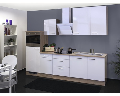 FLEX WELL Keukenblok met apparatuur Valero wit hoogglans 280x60 cm Lichte keuken met witte kasten, gootsteen, kookplaat en oven in modern design