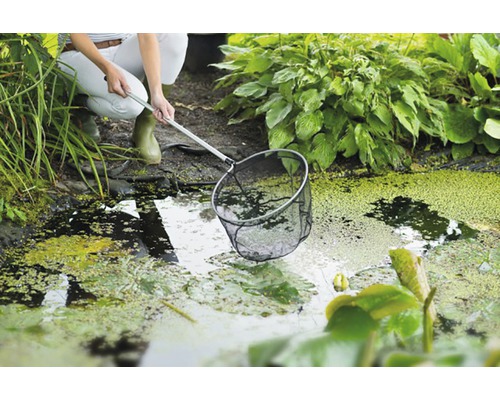 Persoon met schepnet bij een tuinvijver om het water te reinigen van plantenresten