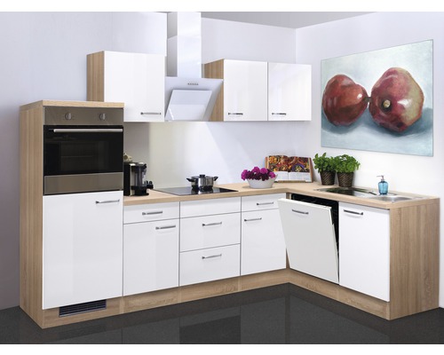 FLEX WELL Hoekkeuken met apparatuur Valero wit hoogglans 280x170 cm Moderne keuken met inbouwoven, kookplaat, afzuigkap en vaatwasser.