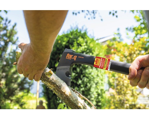 Persoon hakt hout met een for_q bijl.