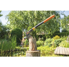 Kloofbijl in boomstam in de tuin