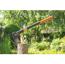 Bijl op een boomstronk in de tuin