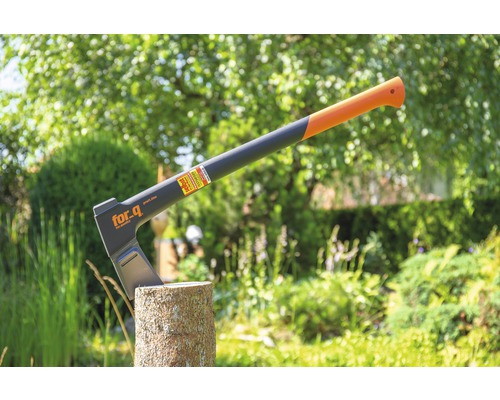 Bijl op een boomstronk in de tuin