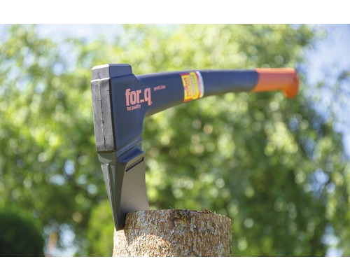 Kloofbijl in boomstronk met For_q logo
