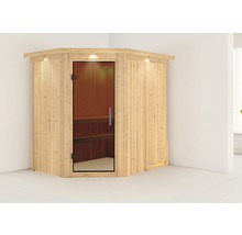 Houten sauna met glazen deur en binnenverlichting