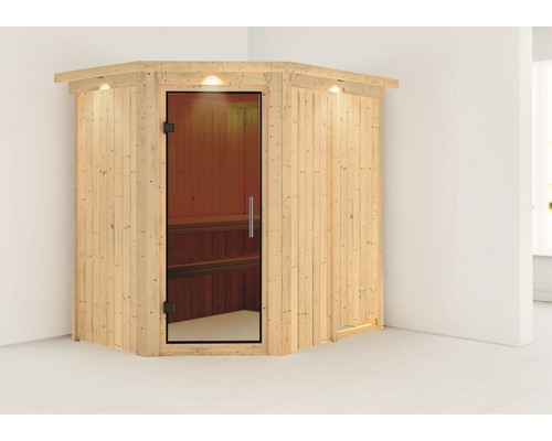 Houten sauna met glazen deur en binnenverlichting