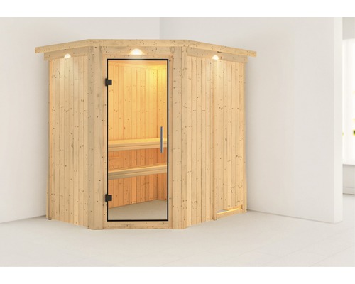 Houten sauna met glazen deur en binnenverlichting