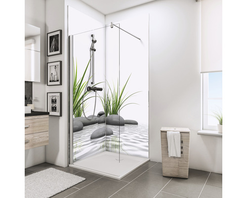 SCHULTE Douche achterwand 2x 90x210 cm hoekset Zen steen + gras Badkamer met douchecabine met steenmotief, wastafel en wasmand