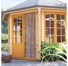 Houten tuinhuis met open deur en insectenbescherming