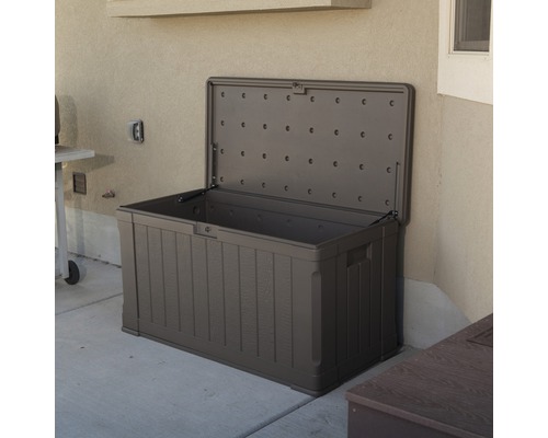 Geopende kunststof tuinkist voor buitenopslag