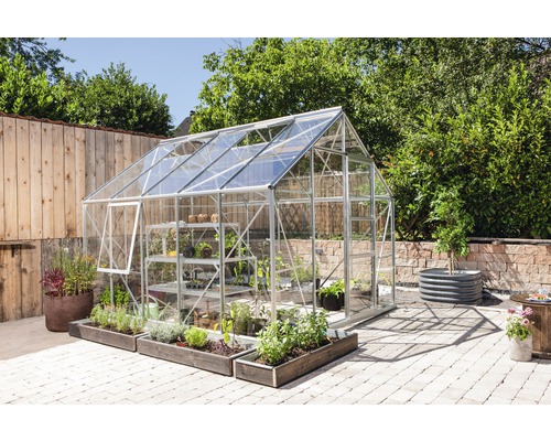 VITAVIA Tuinkas Meridian 1 8300 veiligheidsglas 3 mm alu, 257x321x231,8 cm Tuinkas met planken en beplante bedden in de tuin