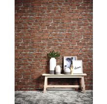 Decoratieve scène met een rode bakstenen muur, een bank en woonaccessoires