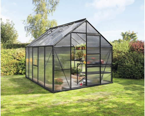 VITAVIA Tuinkas Meridian 1 8300 polycarbonaat 4 mm zwart, 257x321x231,8 cm Tuinkas met plantenrek