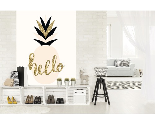 Lichte kamer met ananas motief, schoenenrek, decoratie en zitkruk