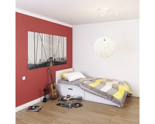 Slaapkamer met bed, plafondlamp en gitaar aan de muur