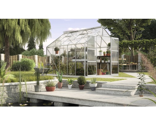 VITAVIA Tuinkas Uranus 8300 veiligheidsglas 3 mm alu met fundament, 257x321x248 cm Broeikas met plantenrekken in een tuin met vijver